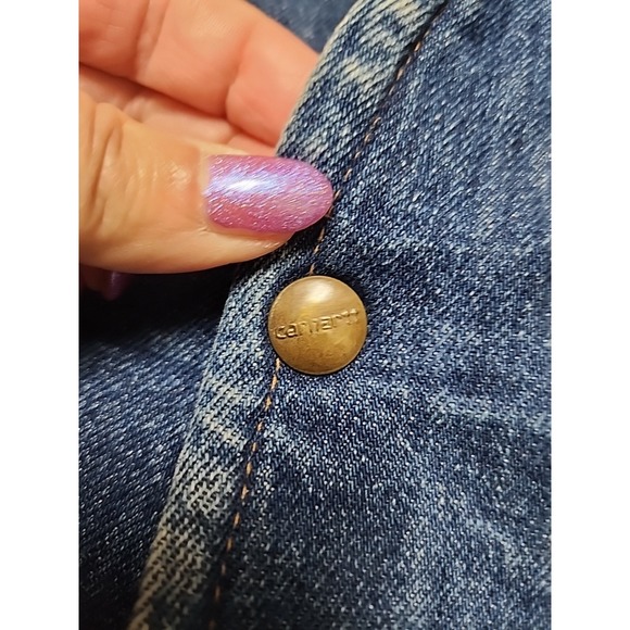 Vintage 80s Carhartt Denim Vest Men's  Large Tall Sherpa Lined Workwear Snap USA - Picture 4 of 16